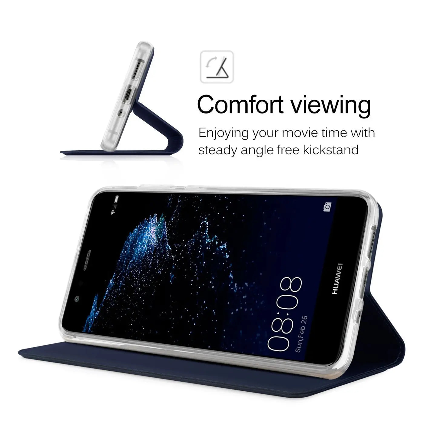 Dunkelblaue Klapphülle aus Kunstleder mit integriertem Ständer für Huawei P10 Lite, von vorne.
