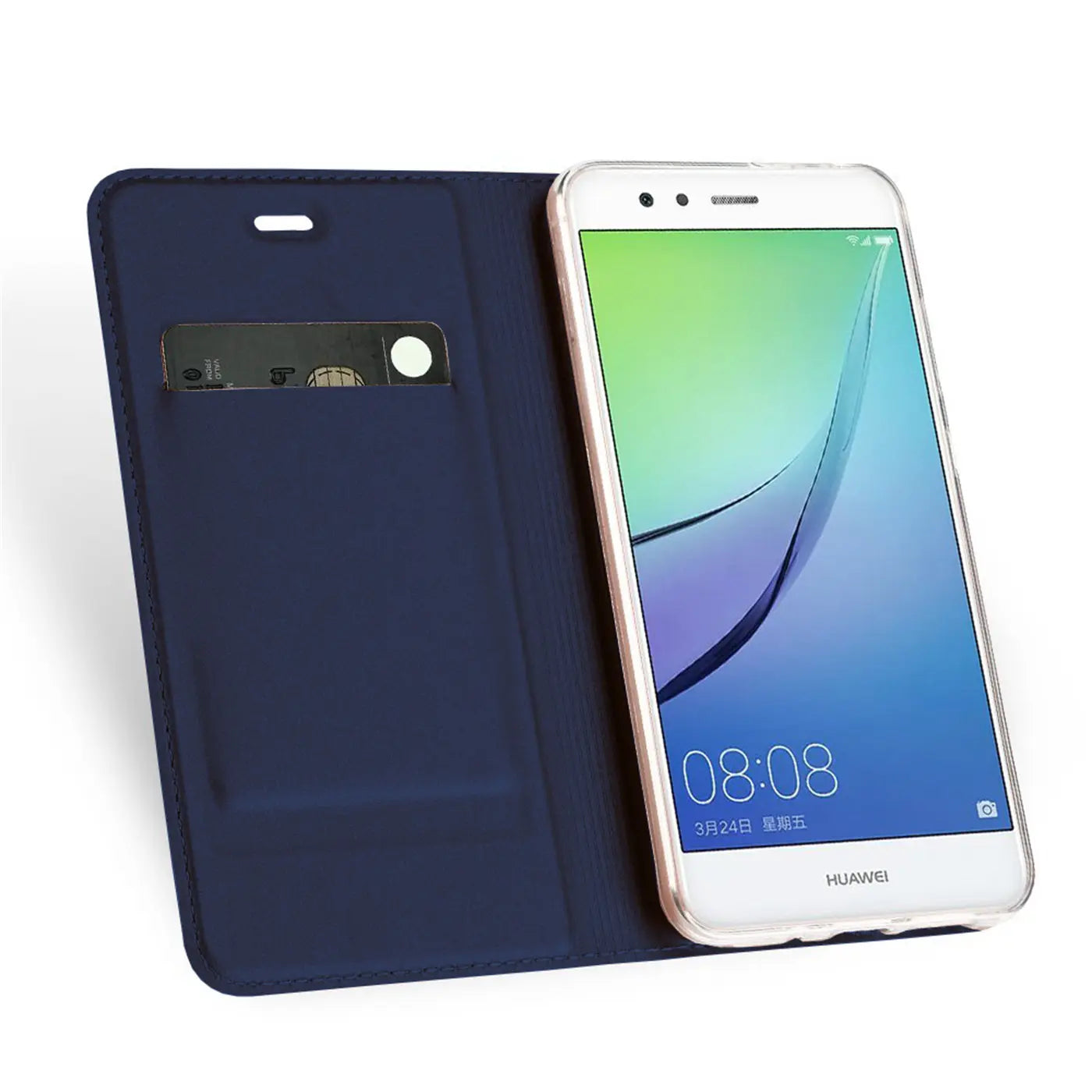 Dunkelblaue Klapphülle aus Kunstleder mit Sichtfenster für Huawei P10 Lite.