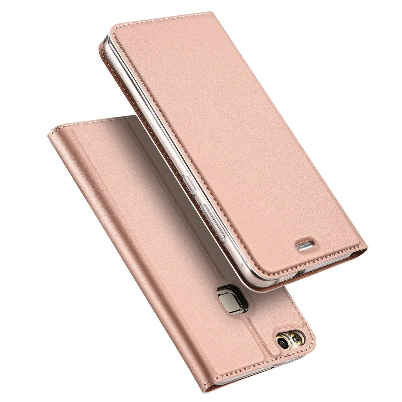 Rosafarbene Klapphülle aus Kunstleder für Huawei P10 Lite, von schräg oben gezeigt.