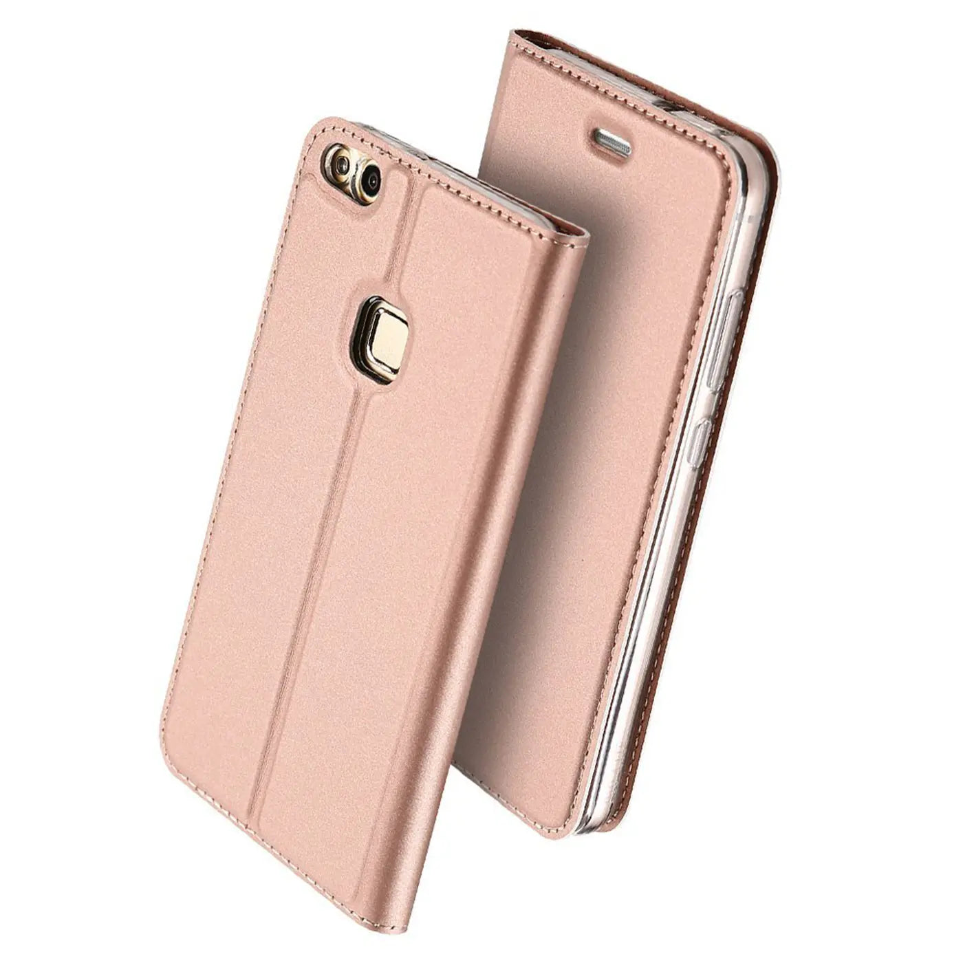 Rosafarbene Metallic-Flip-Hülle aus Kunstleder für Huawei P10 Lite, von vorne schräg gesehen.