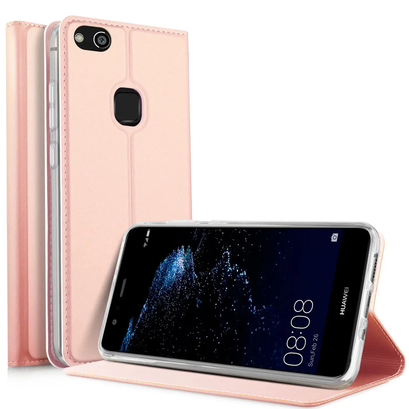 Rosa Leder-Flip-Hülle mit Huawei P10 Lite, Seitenansicht.