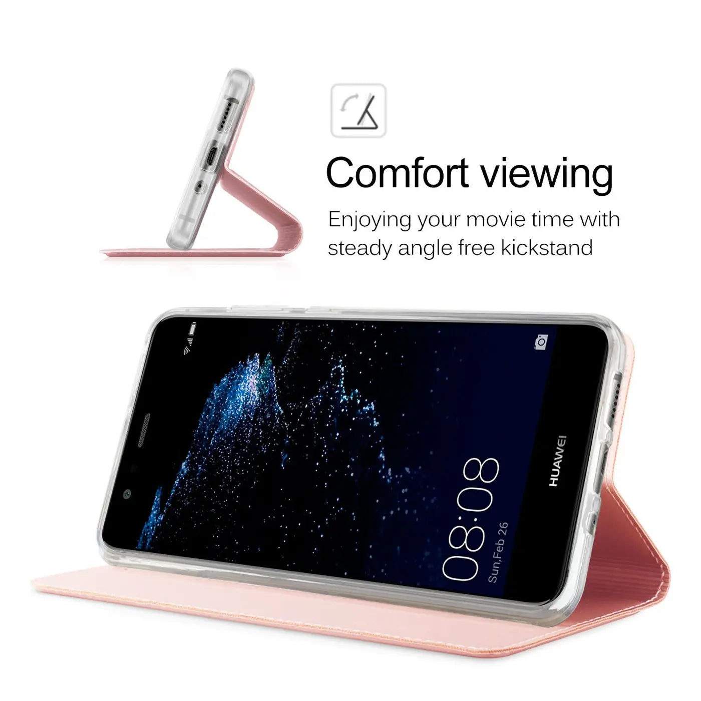 Rosa Klapphülle aus Lederimitat für Huawei P10 Lite, Seitenansicht mit Ständerfunktion