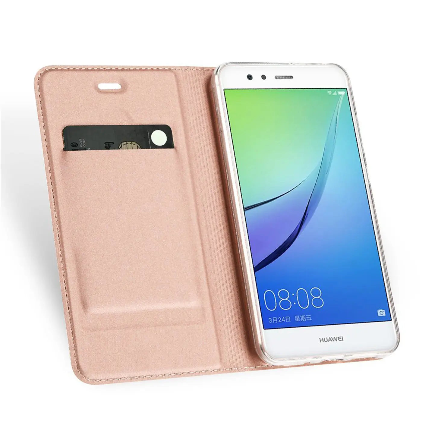Rosa Kunstleder-Flip-Hülle mit Kartenfach für Huawei P10 Lite, von vorne leicht schräg