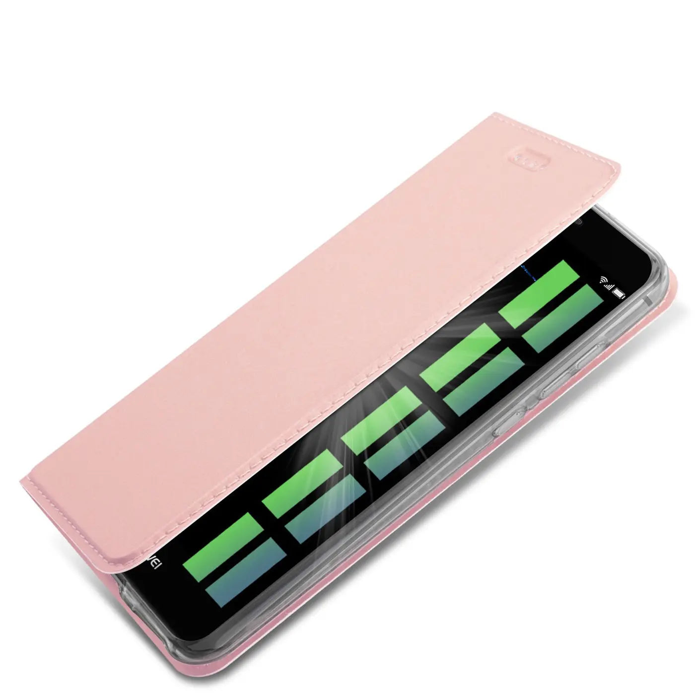 Rosa Leder-Flip-Hülle, schräg von oben, zeigt Huawei P10 Lite mit grünen Balken auf dem Bildschirm.