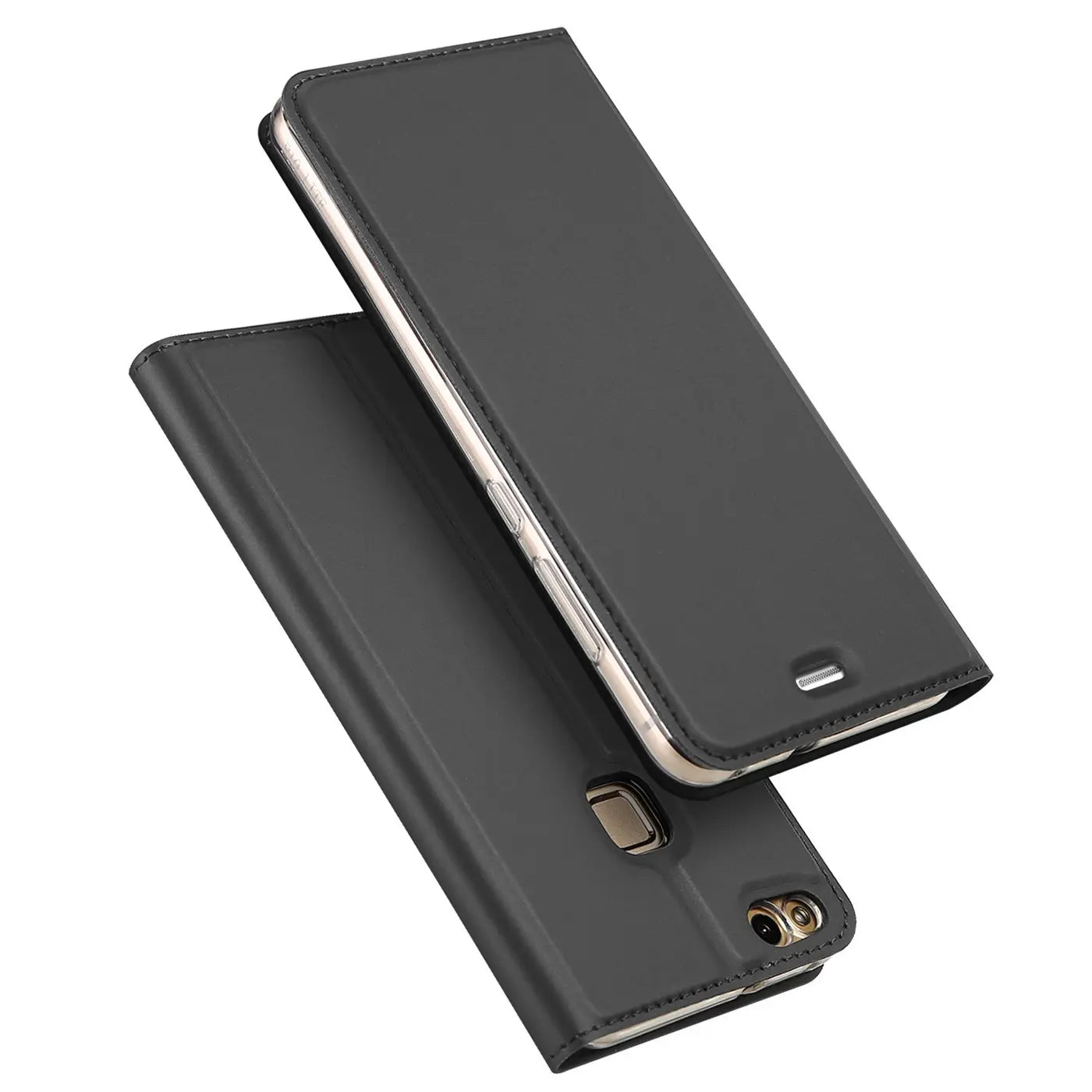 Schwarze Kunstleder-Flip-Hülle für Huawei P10 Lite, von schräg oben gezeigt.