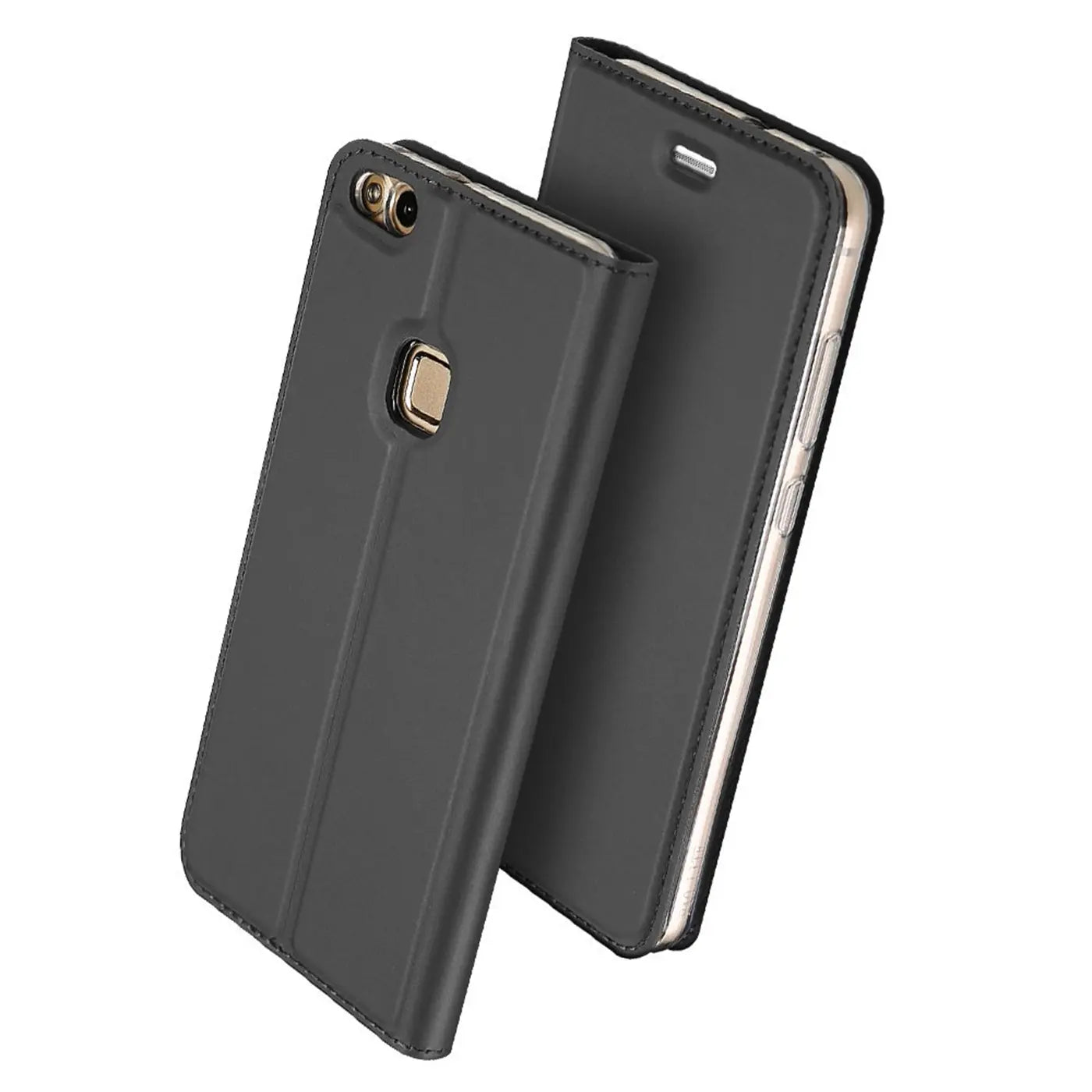Dunkelgraue Kunstleder-Flip-Hülle für Huawei P10 Lite, von vorne schräg gezeigt.