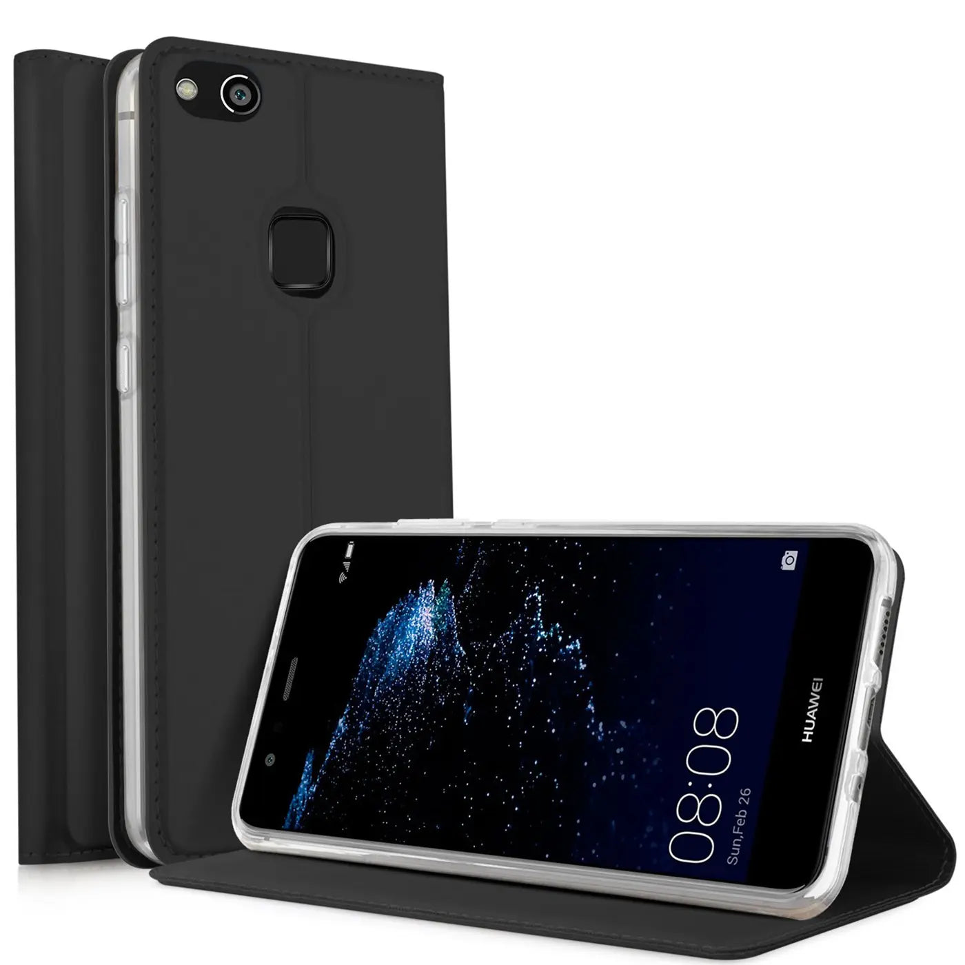 Schwarze Klapphülle aus Kunstleder für Huawei P10 Lite, von vorne/seitlich gezeigt.