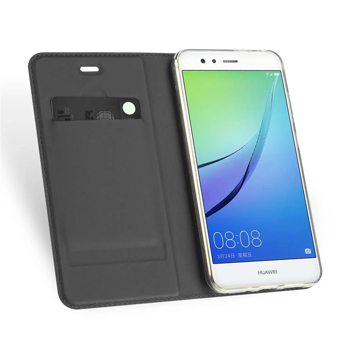 Graue Kunstleder-Flip-Hülle mit Kartenfach, zeigt Huawei P10 Lite, von vorne.