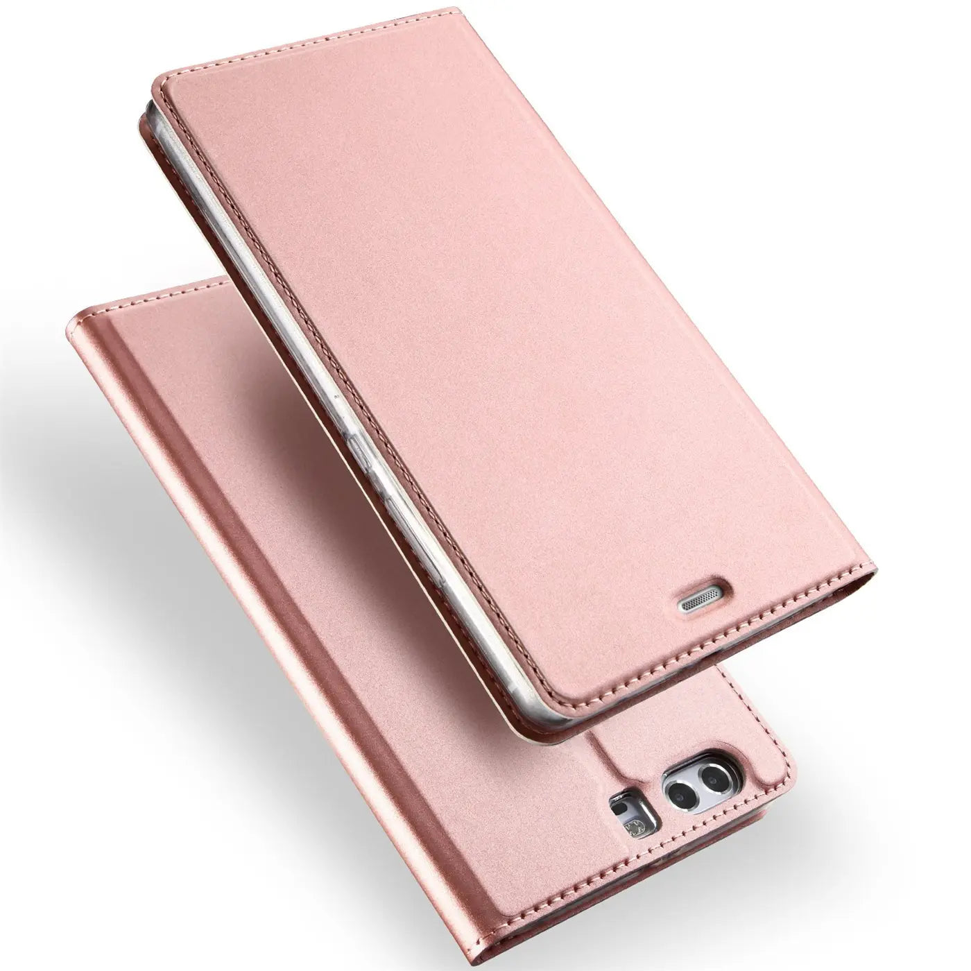 Roséfarbene Klapphülle aus Kunstleder für Huawei P10, von schräg oben fotografiert.