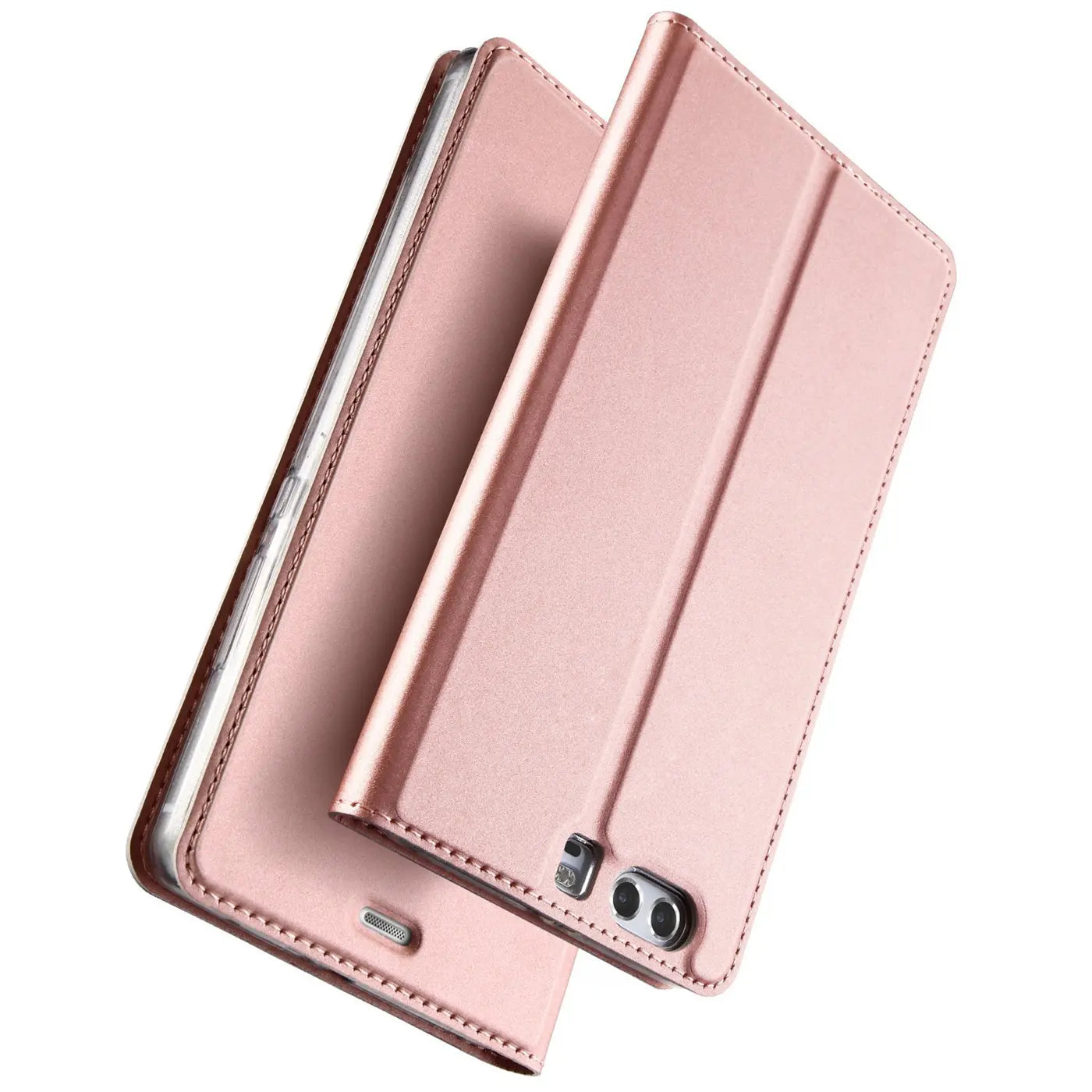 Rosafarbene Klapphülle aus Kunstleder für Huawei P10, von schräg oben fotografiert.