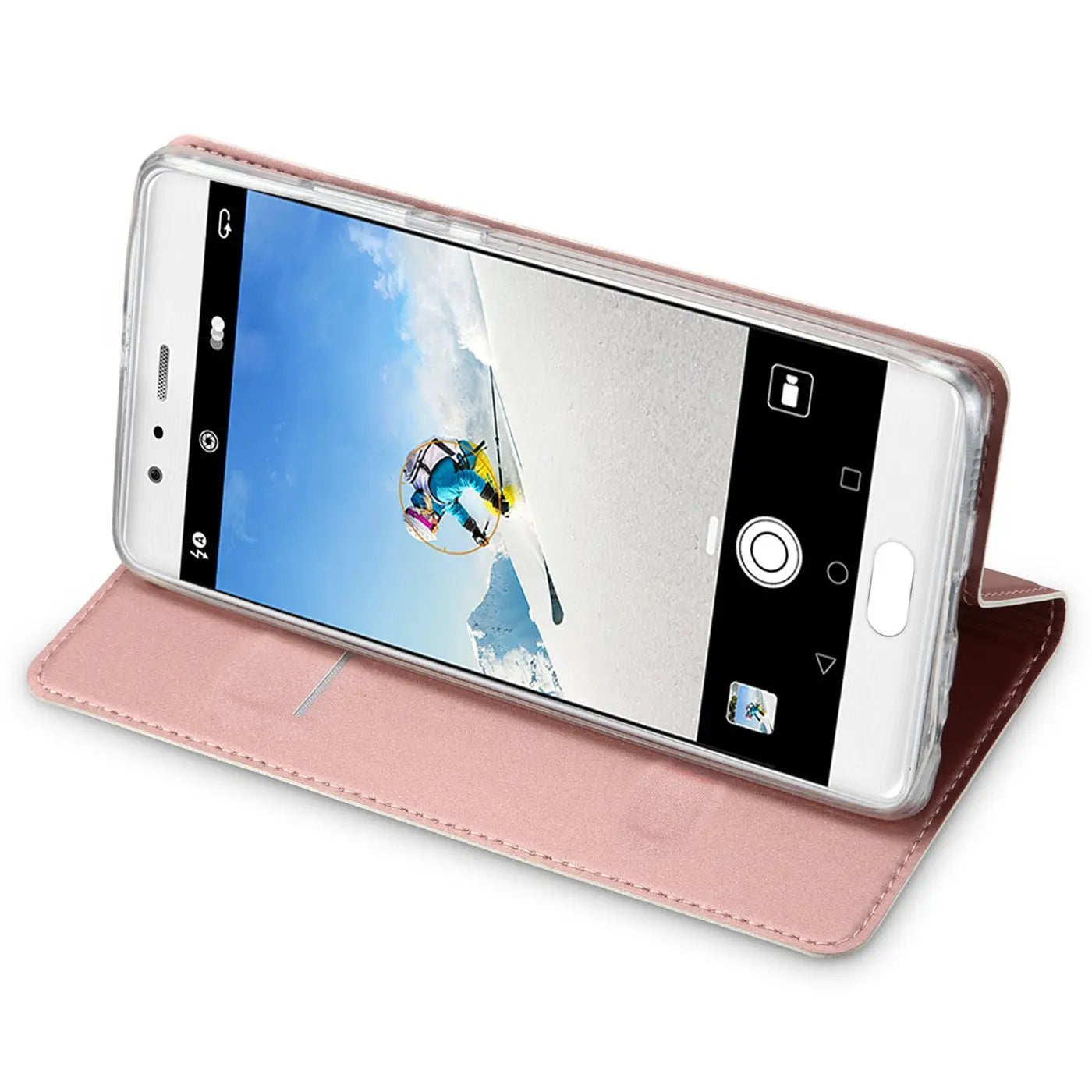 Huawei P10 in rosa Kunstleder-Klapphülle, von vorne schräg, mit Kamera-App
