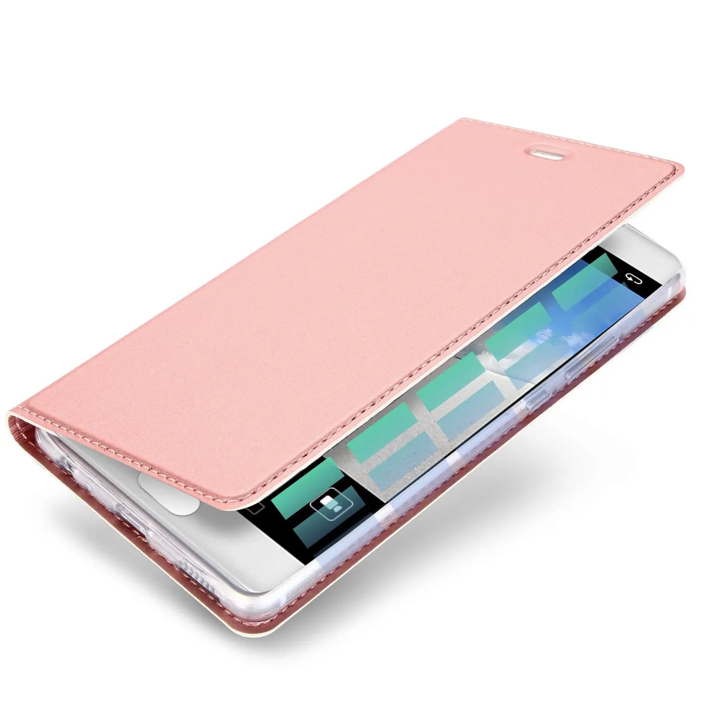 Rosa Kunstleder-Flip-Hülle, schräg von vorne, zeigt Huawei P10 mit offenem Deckel.
