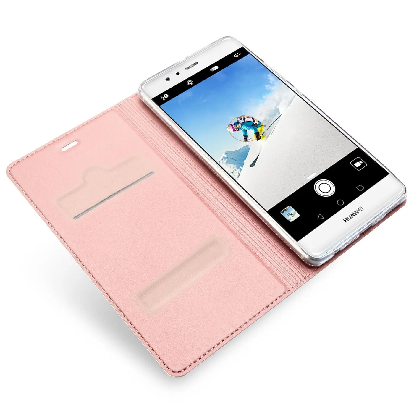 Rosa Kunstleder-Flip-Hülle mit Sichtfenstern, geöffnet, zeigt Huawei P10.