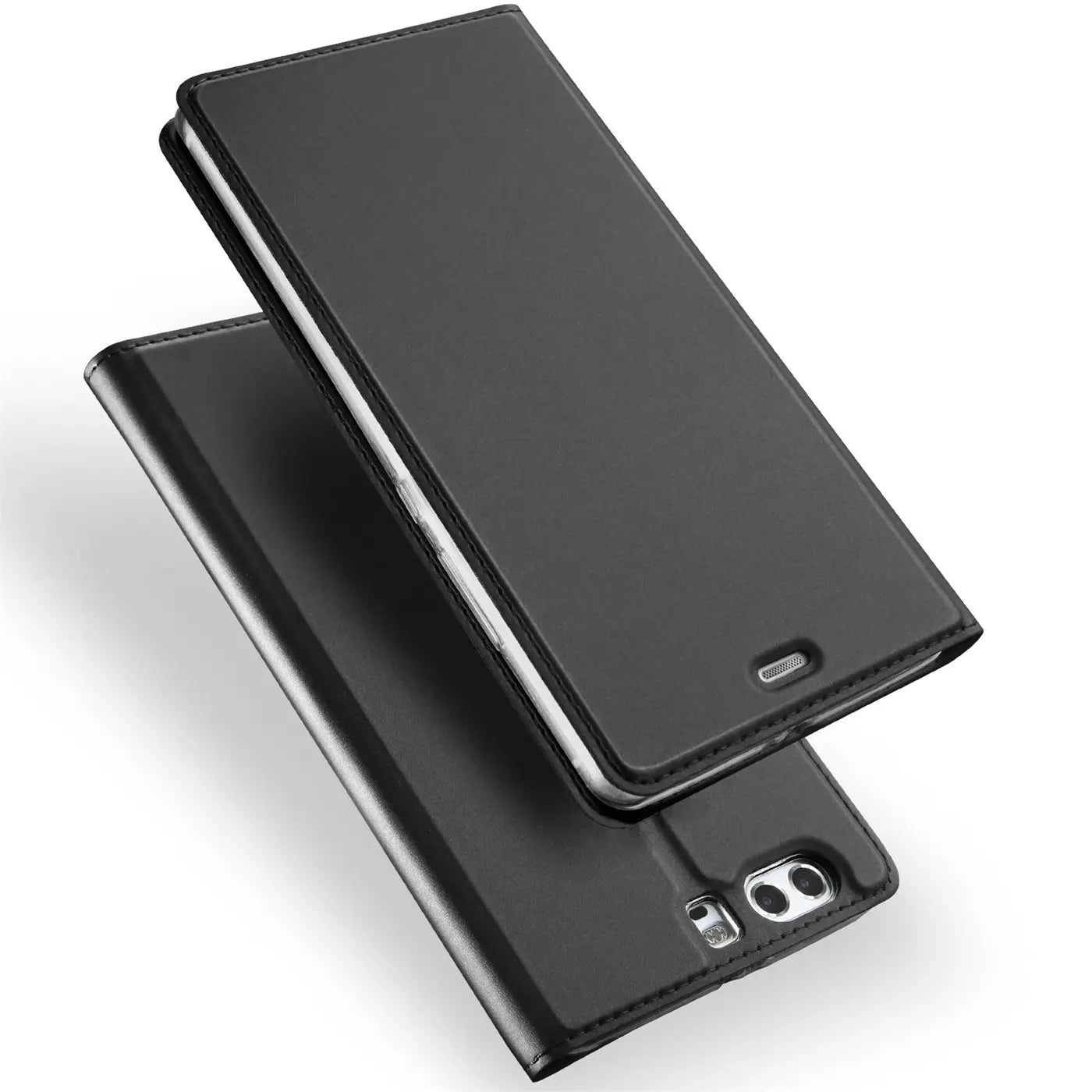 Schwarze Leder-Flip-Hülle für Huawei P10, von vorne schräg betrachtet.