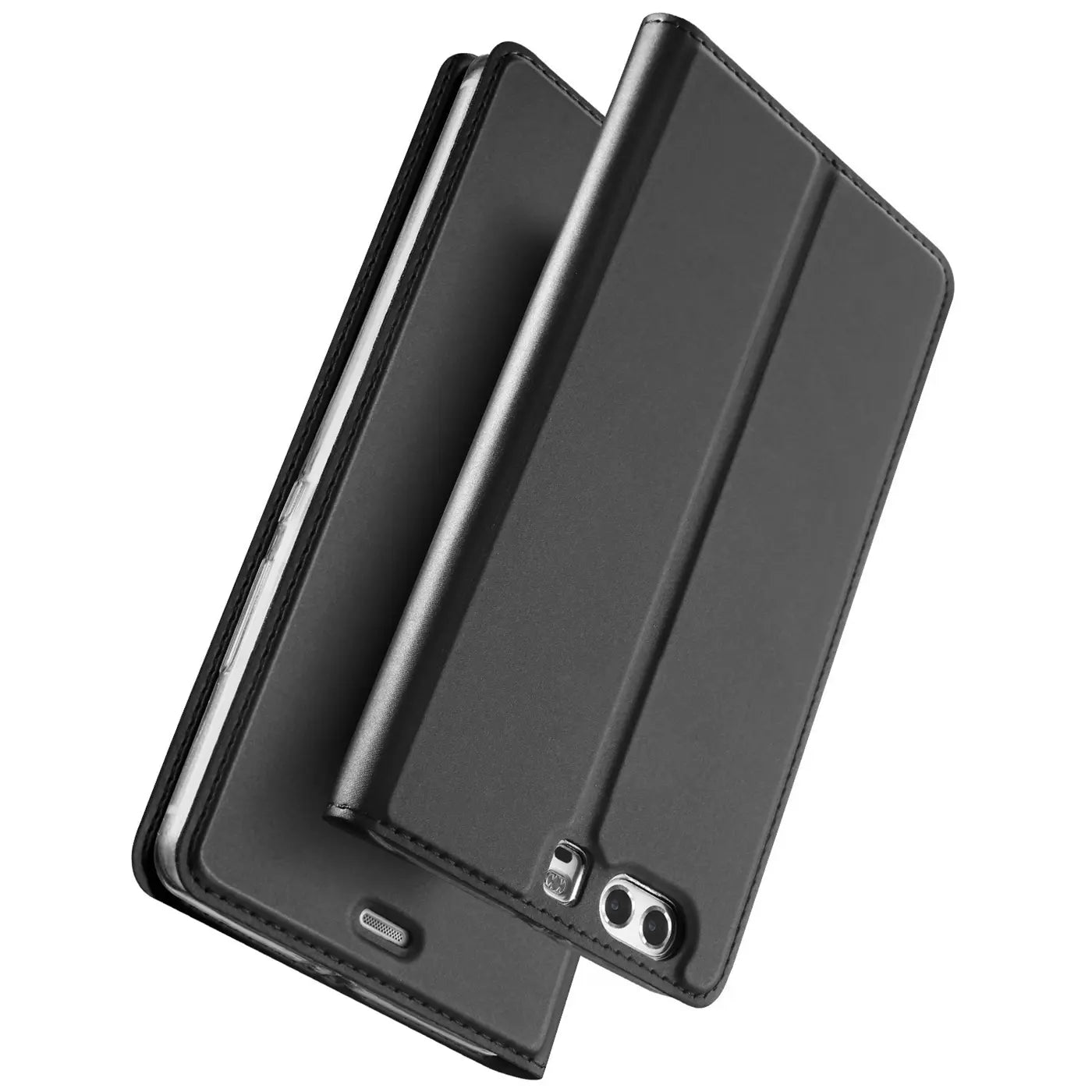 Schwarze Klapphülle aus Leder für Huawei P10, von vorne schräg fotografiert.
