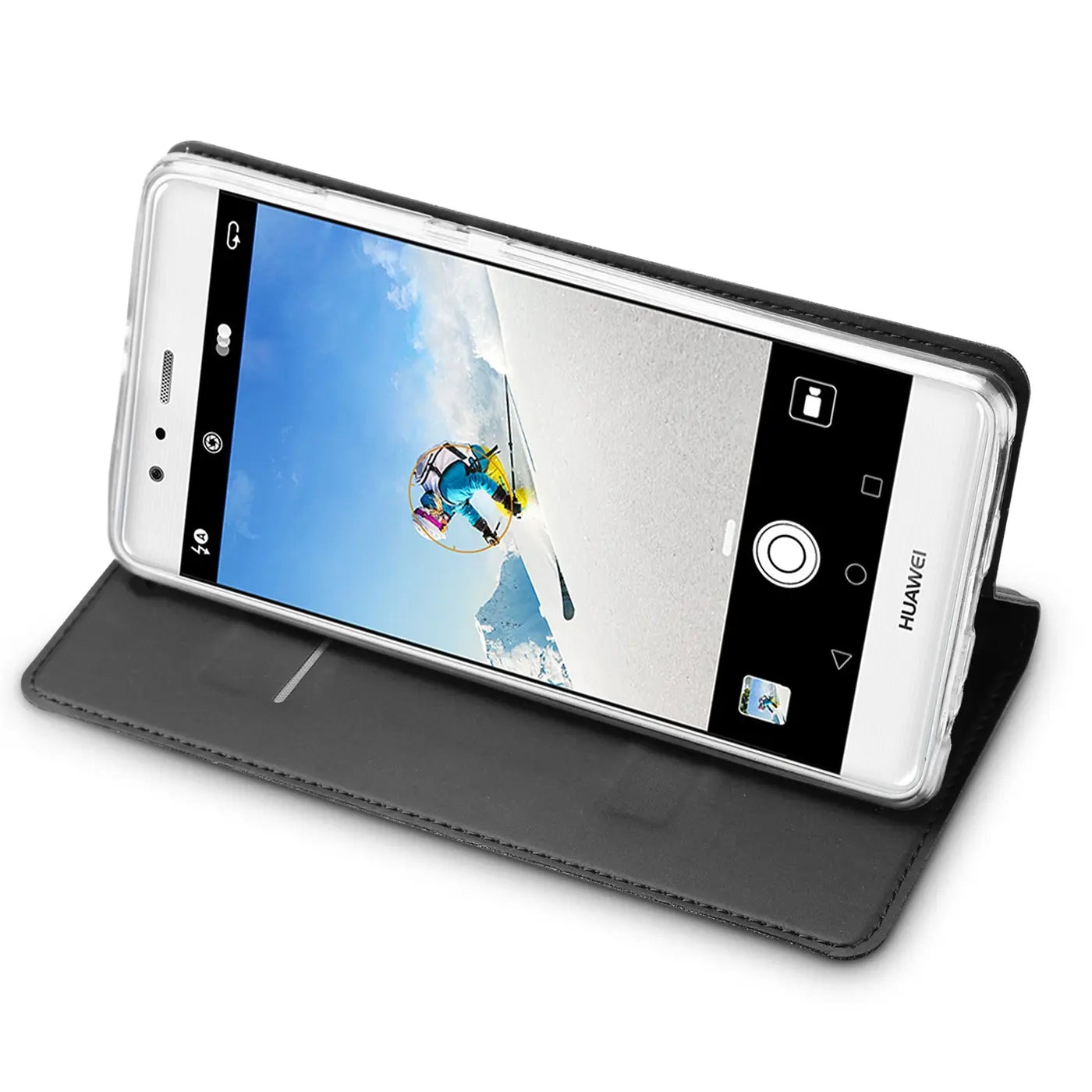 Graue Kunstleder-Flip-Hülle, schräg von vorne, zeigt Huawei P10 mit Kamera-App.