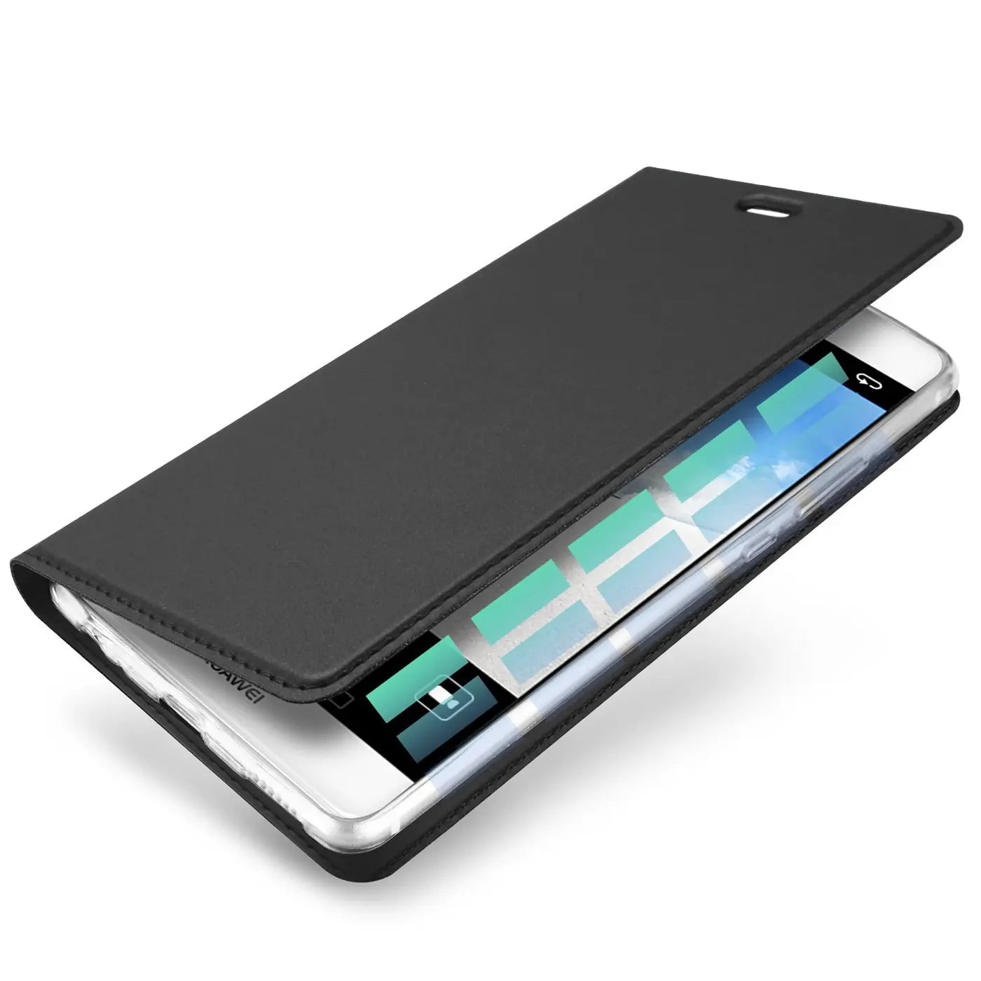 Schwarze Klapphülle aus Kunstleder für Huawei P10, von schräg oben fotografiert.
