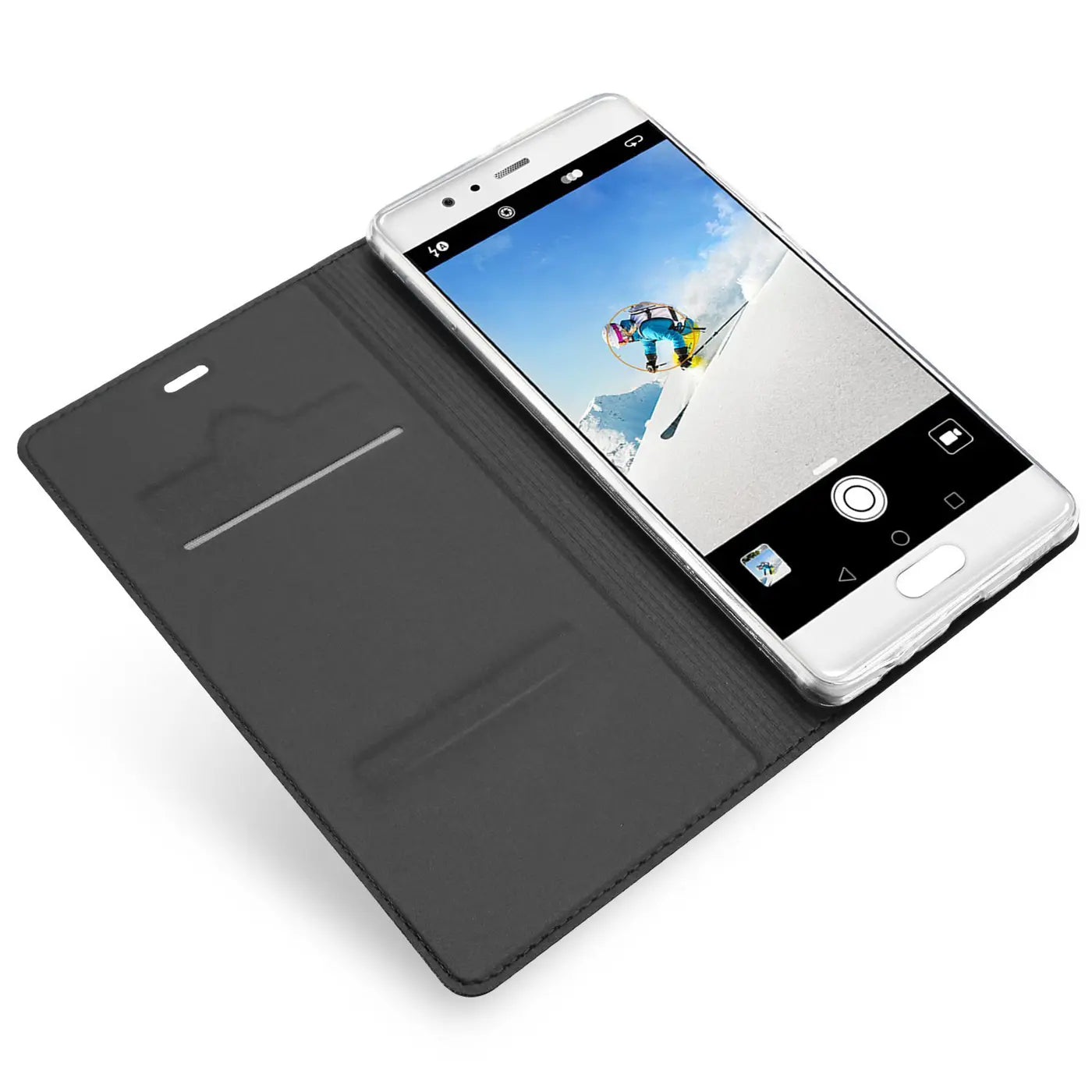 Graue Kunstleder-Flip-Hülle mit Huawei P10, von oben links, offen