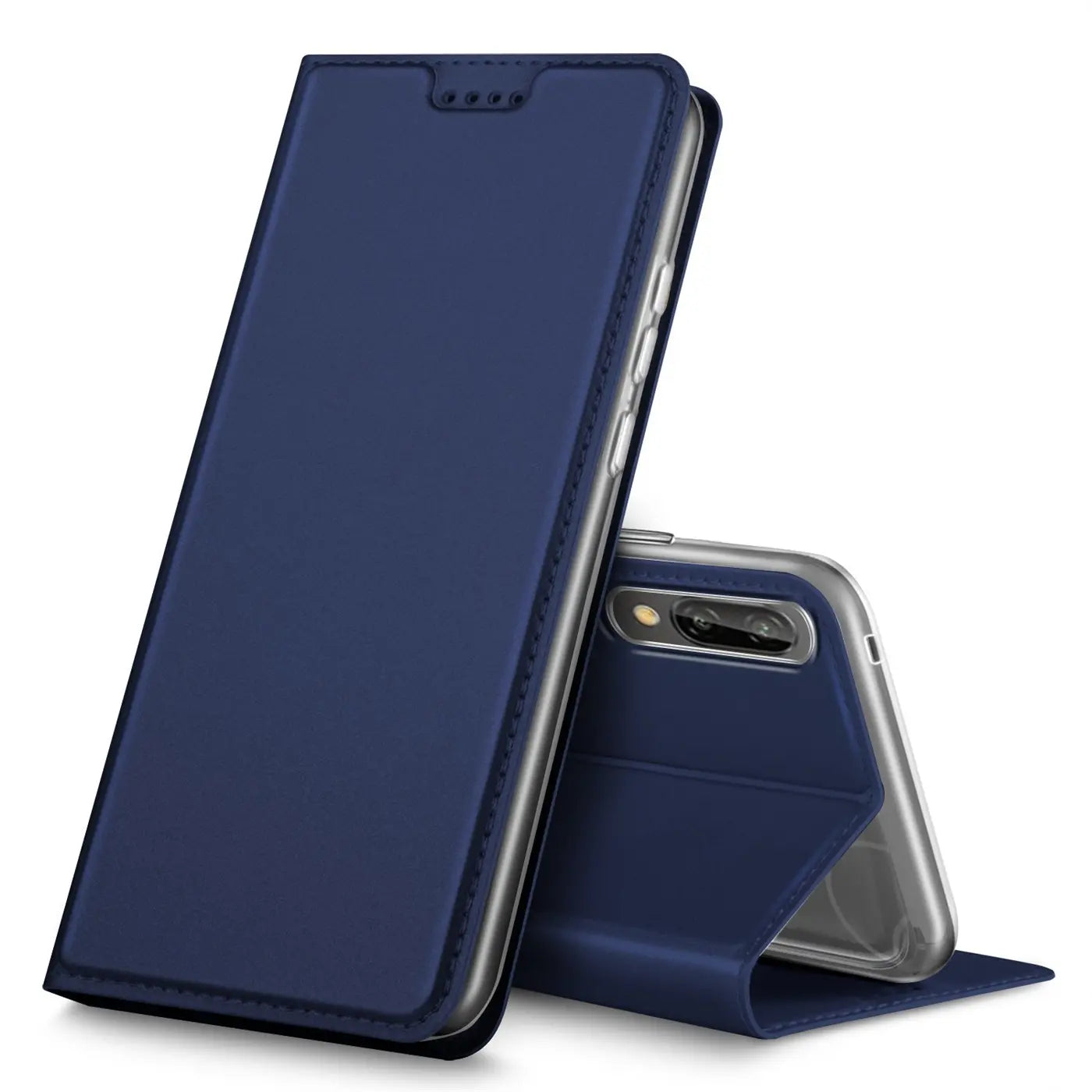 Dunkelblaue Kunstleder-Flip-Hülle für Huawei P20, von vorne schräg fotografiert.