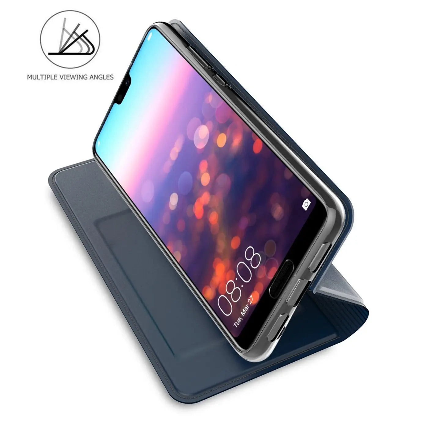 Dunkelblaue Klapphülle aus Kunstleder für Huawei P20, von schräg oben gezeigt.