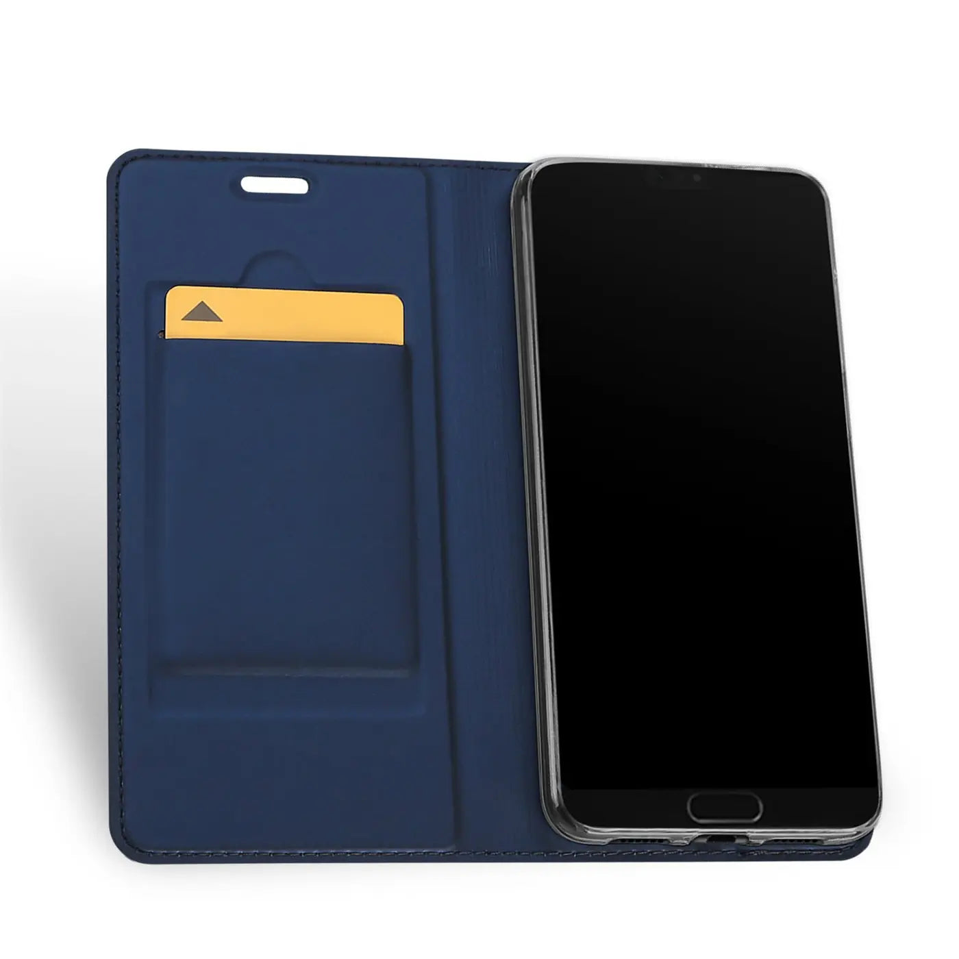 Dunkelblaue Leder-Flip-Hülle mit Kartenfach, zeigt Huawei P20, von vorne.