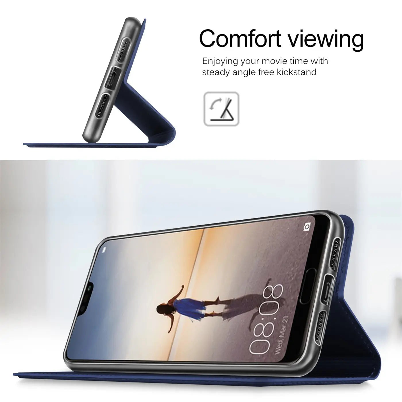 Dunkelblaue Klapphülle aus Kunstleder für Huawei P20, seitliche Ansicht, aufgestellt