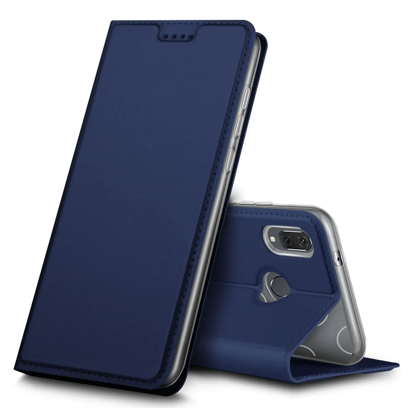 Dunkelblaue Klapphülle aus Lederimitat für Huawei P20 Lite, von vorne schräg fotografiert.
