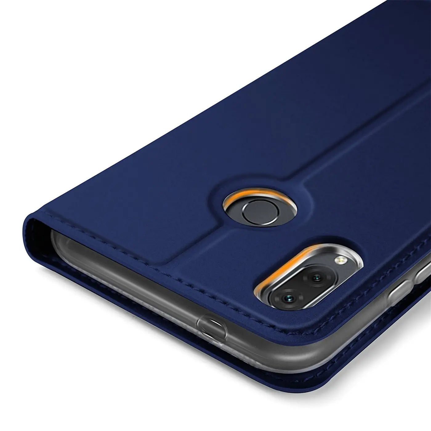 Dunkelblaue Kunstleder-Flip-Hülle für Huawei P20 Lite, Nahaufnahme, Rückseite mit Kamera und Fingerabdrucksensor.