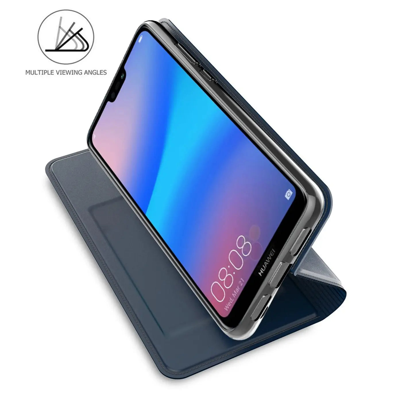 Dunkelblaue Klapphülle aus Kunstleder für Huawei P20 Lite, schräg von vorne.