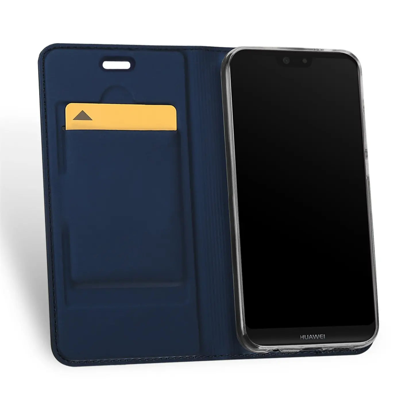 Dunkelblaue Klapphülle aus Kunstleder mit Kartenschlitz, zeigt Huawei P20 Lite.