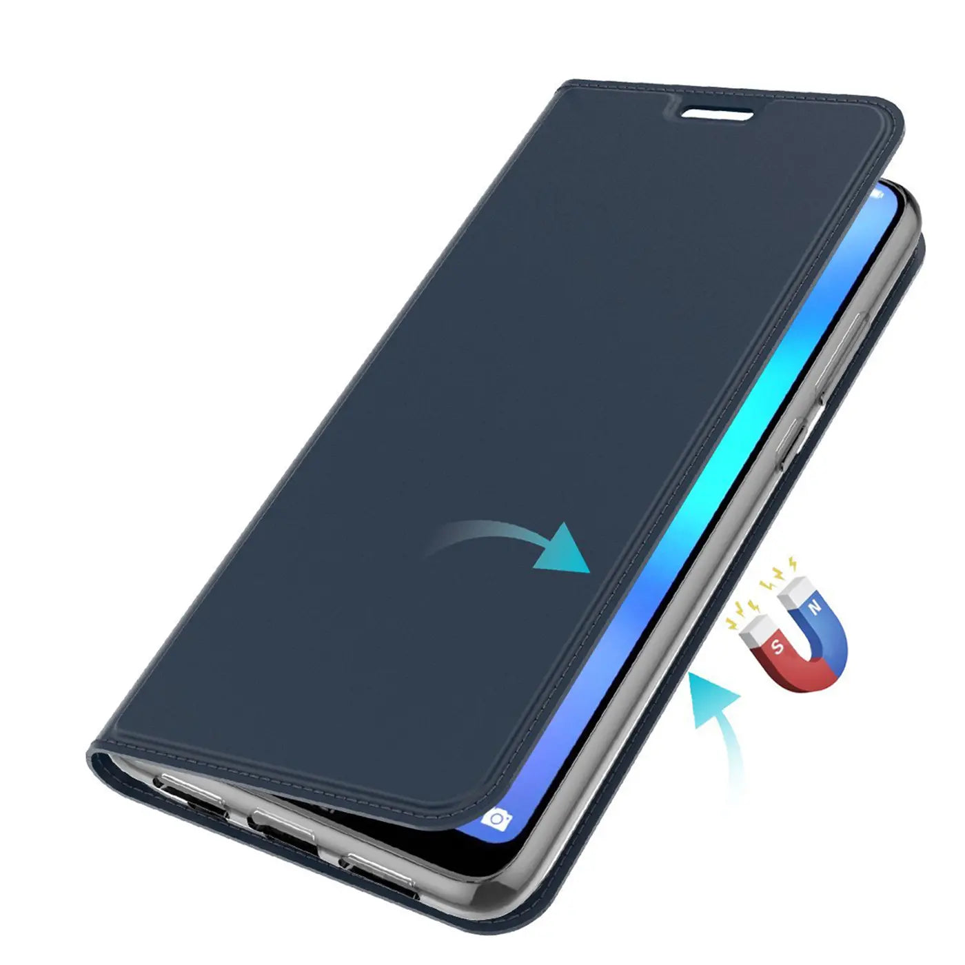 Dunkelblaue Klapphülle aus Kunstleder für Huawei P20 Lite, von schräg oben