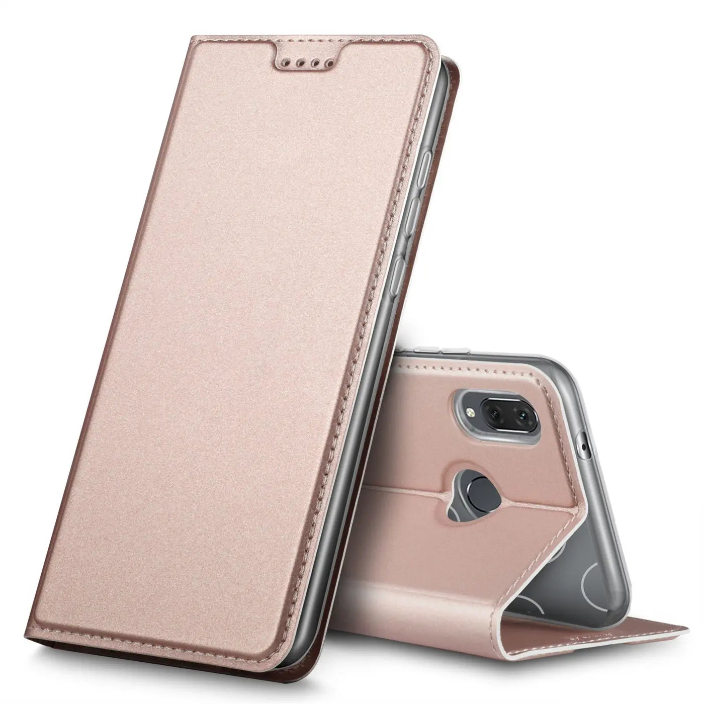 Rosafarbene, metallische Klapphülle aus Kunstleder für Huawei P20 Lite, von vorne seitlich gezeigt.