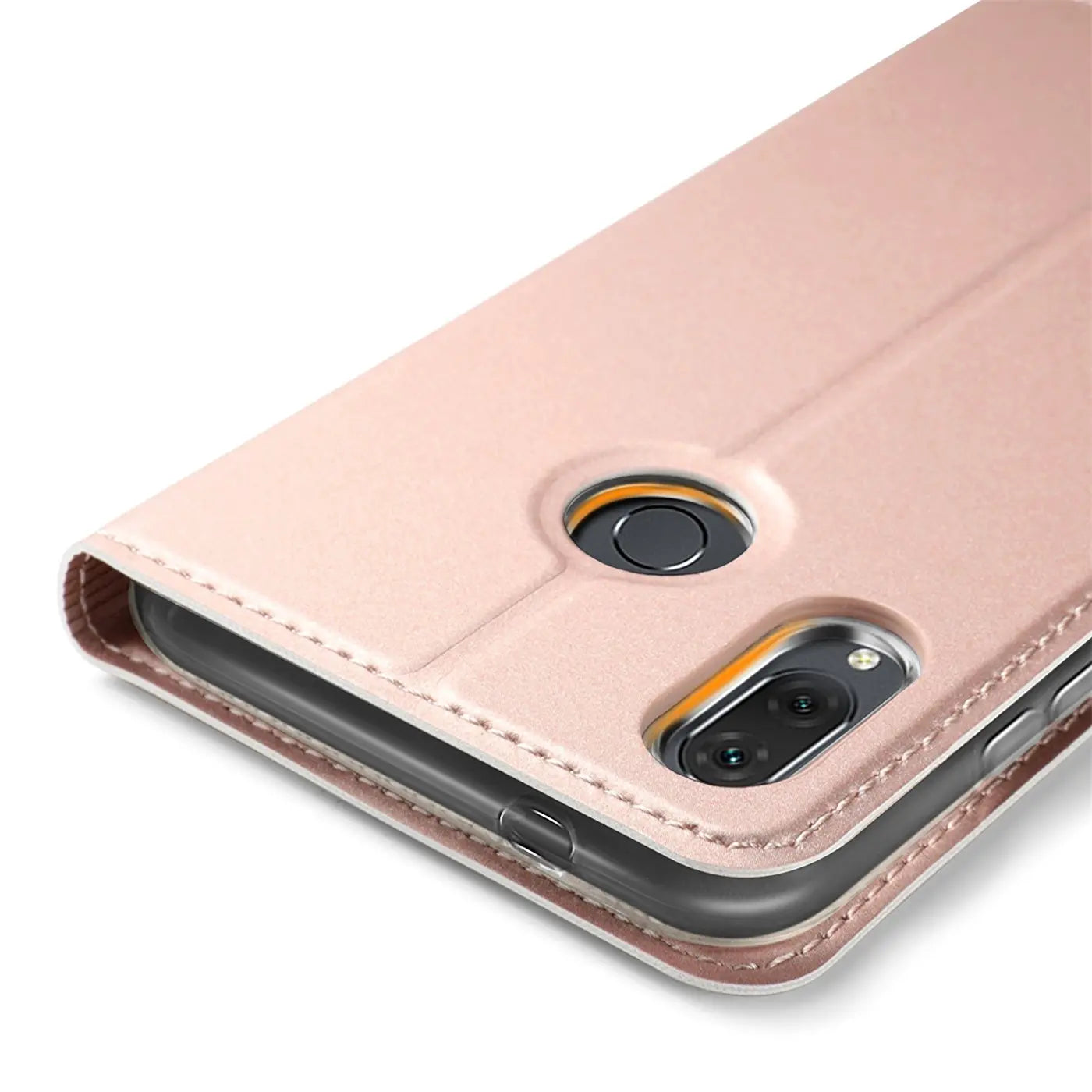 Rosafarbene Leder-Flip-Hülle für Huawei P20 Lite, Nahaufnahme, Rückseite mit Kameraaussparung