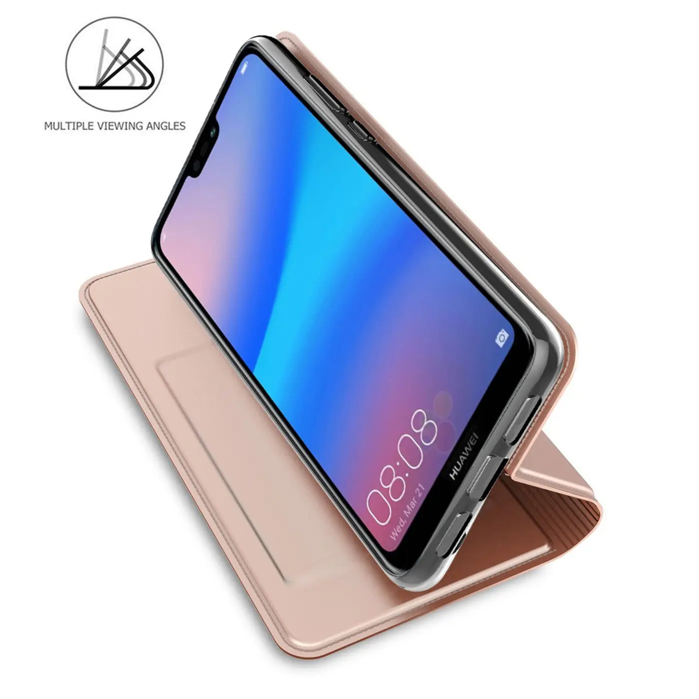Rosafarbene Metallic-Flip-Hülle für Huawei P20 Lite, aus Kunstleder, aus der Vogelperspektive
