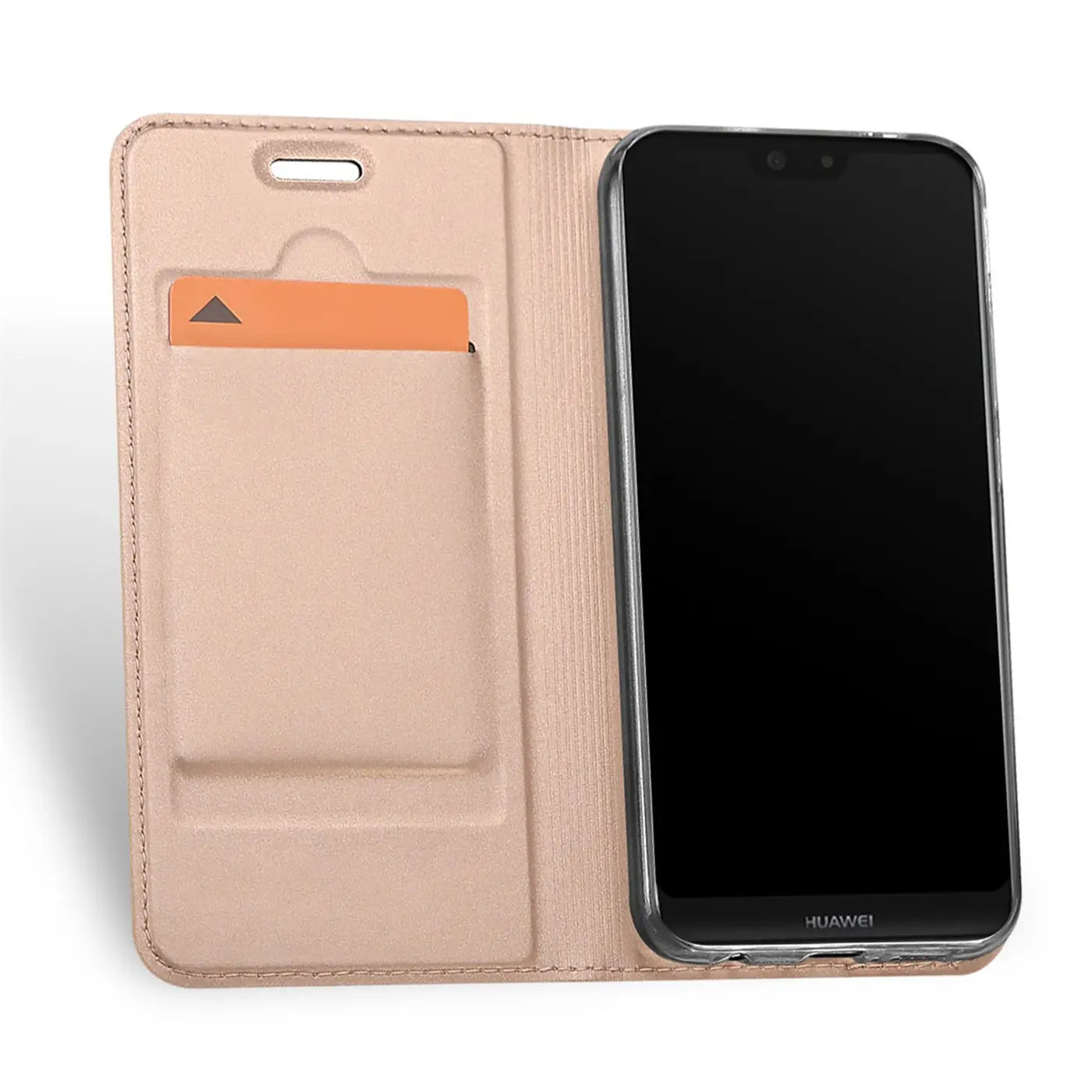 Beige Leder-Flip-Hülle mit Kartenfach, Huawei P20 Lite, von vorne