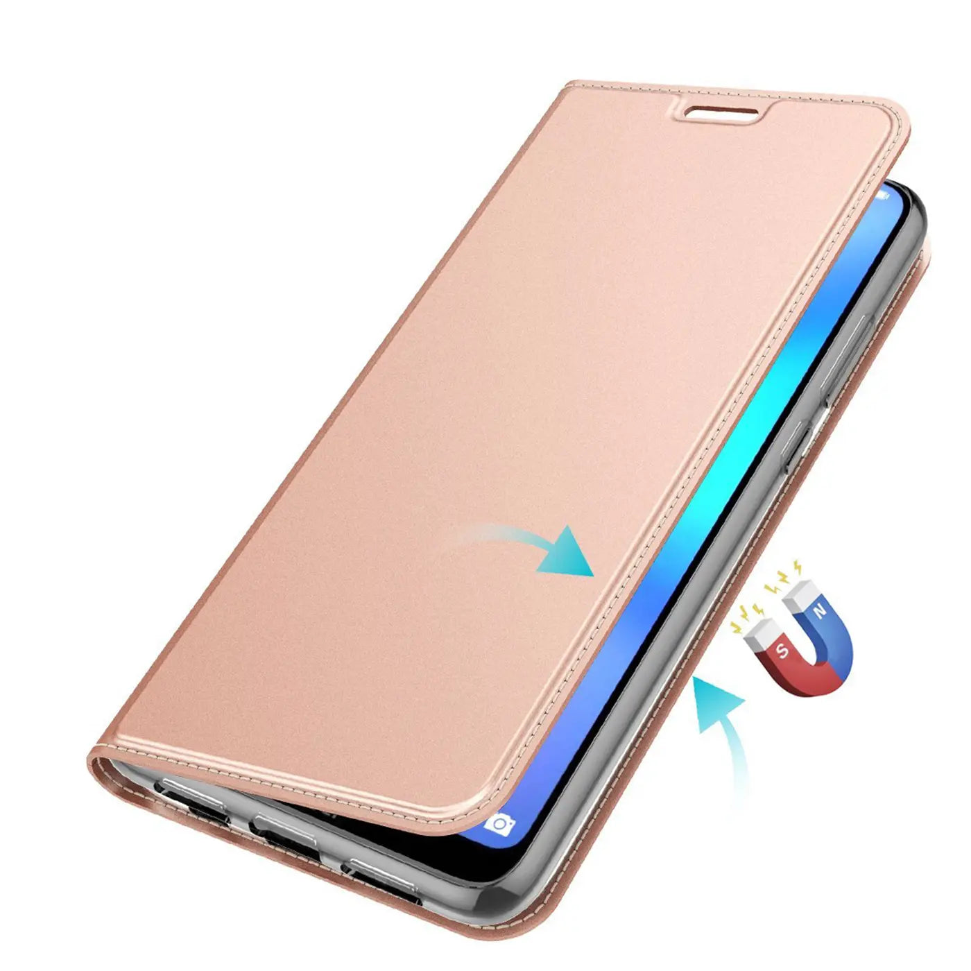 Rosafarbene Metallic-Flip-Hülle aus Kunstleder, schräg von vorne, zeigt Huawei P20 Lite.