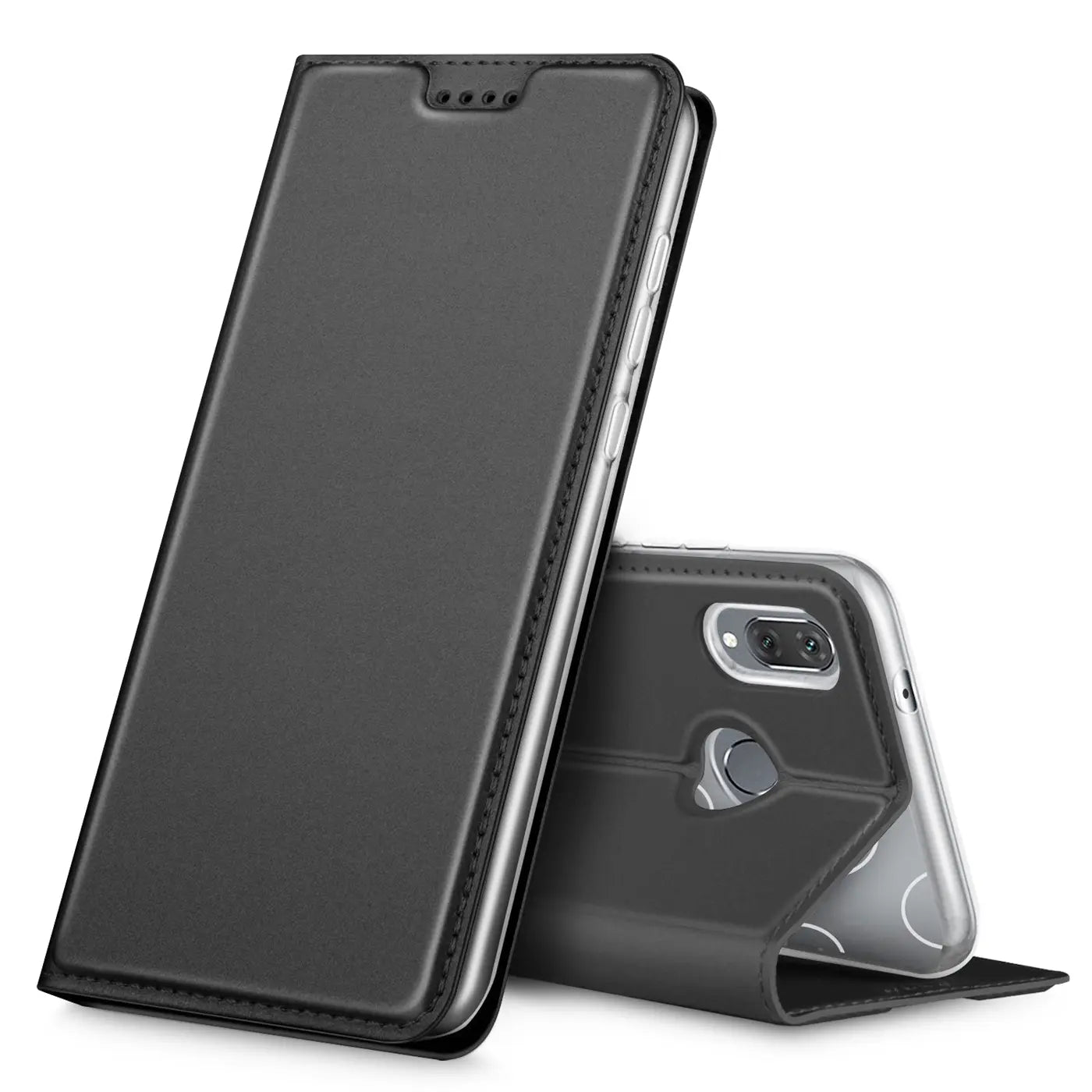 Graue Kunstleder-Flip-Hülle für Huawei P20 Lite, von vorne schräg gezeigt.