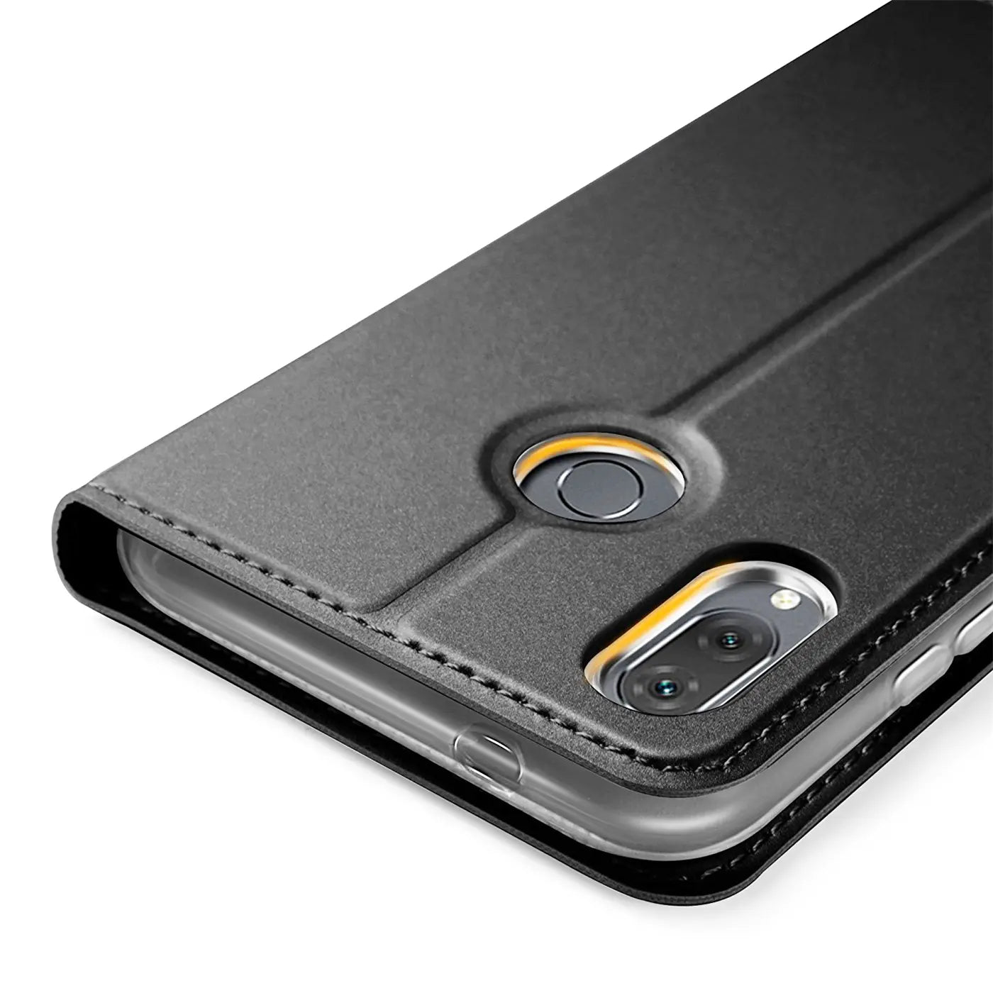 Schwarze Leder-Flip-Hülle für Huawei P20 Lite, Nahaufnahme von hinten.