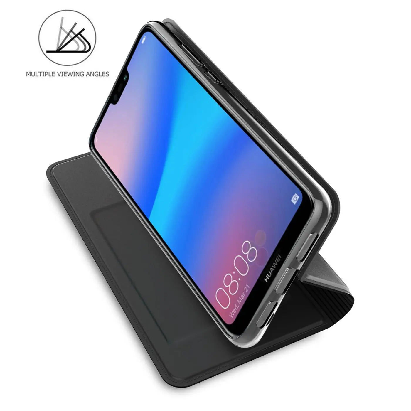 Schwarze Klapphülle aus Kunstleder für Huawei P20 Lite, von schräg oben gezeigt.