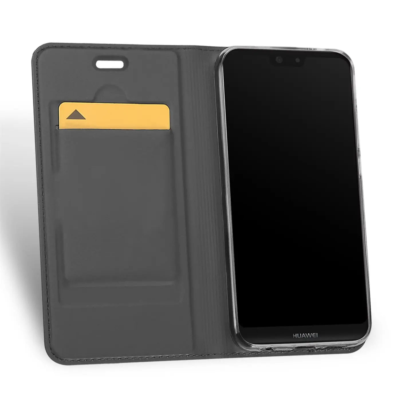 Graue Kunstleder-Flip-Hülle mit Kartenschlitz, zeigt Huawei P20 Lite, von vorne