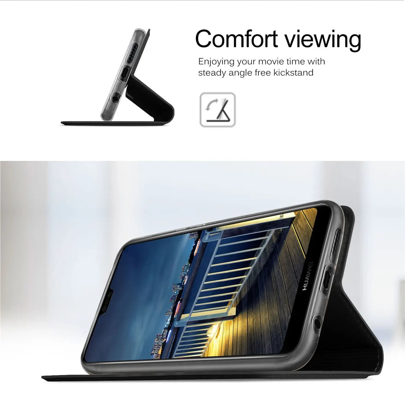 Graue Klapphülle aus Kunstleder für Huawei P20 Lite, seitliche Ansicht, im Querformat aufgestellt.