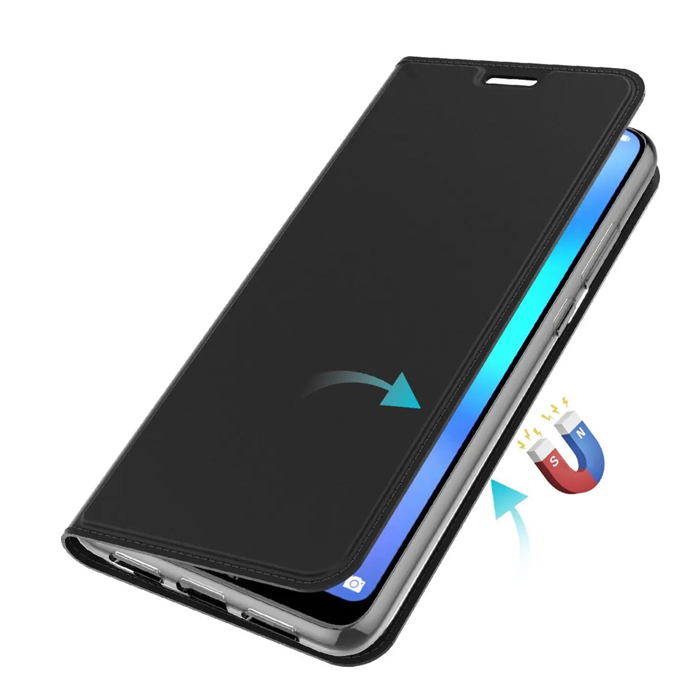 Schwarze Kunstleder-Flip-Hülle für Huawei P20 Lite, von schräg oben gezeigt. Magnetverschluss.