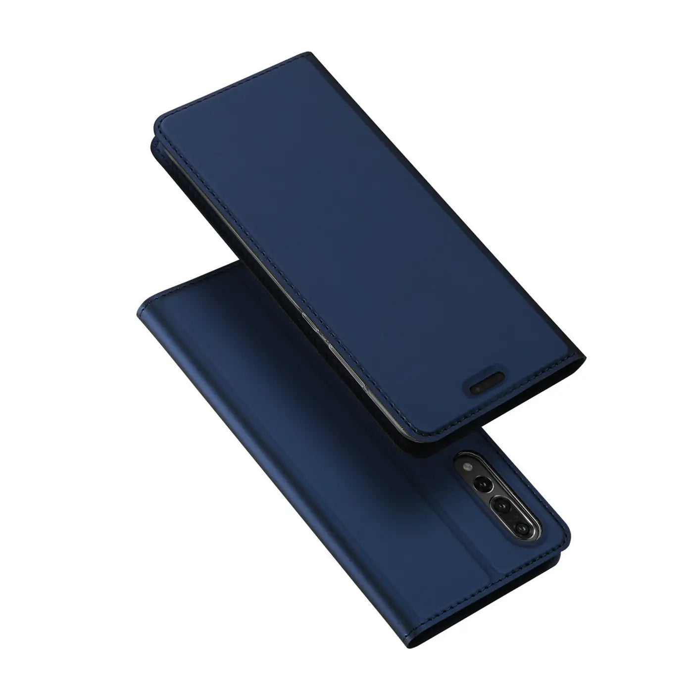 Dunkelblaue Leder-Flip-Hülle für Huawei P20 Pro, von oben schräg fotografiert.