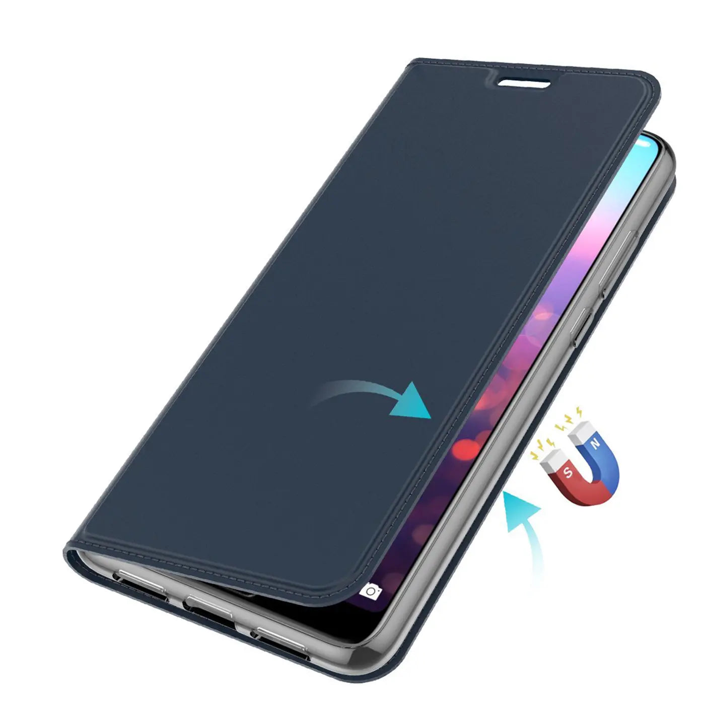 Dunkelblaue Kunstleder-Flip-Hülle, schräg von oben, für Huawei P20 Pro. Magnet.