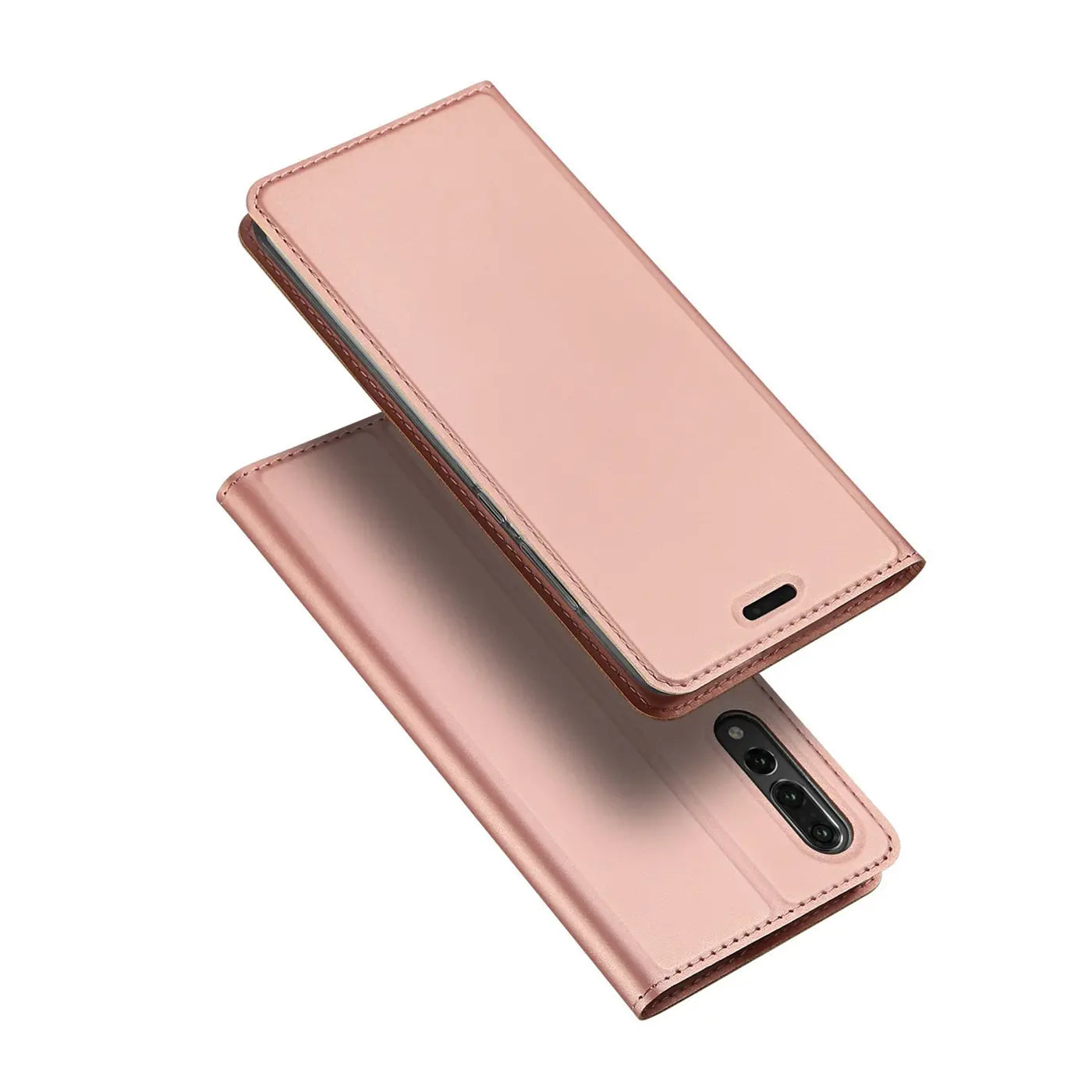 Roségoldene Metallic-Flip-Hülle aus Leder für Huawei P20 Pro, von oben und unten gezeigt.