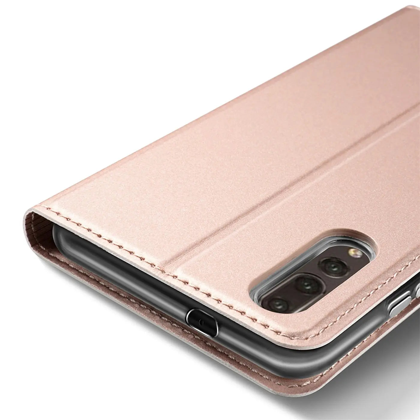 Metallic rosé Flip Hülle aus Lederimitat für Huawei P20 Pro, Nahaufnahme.