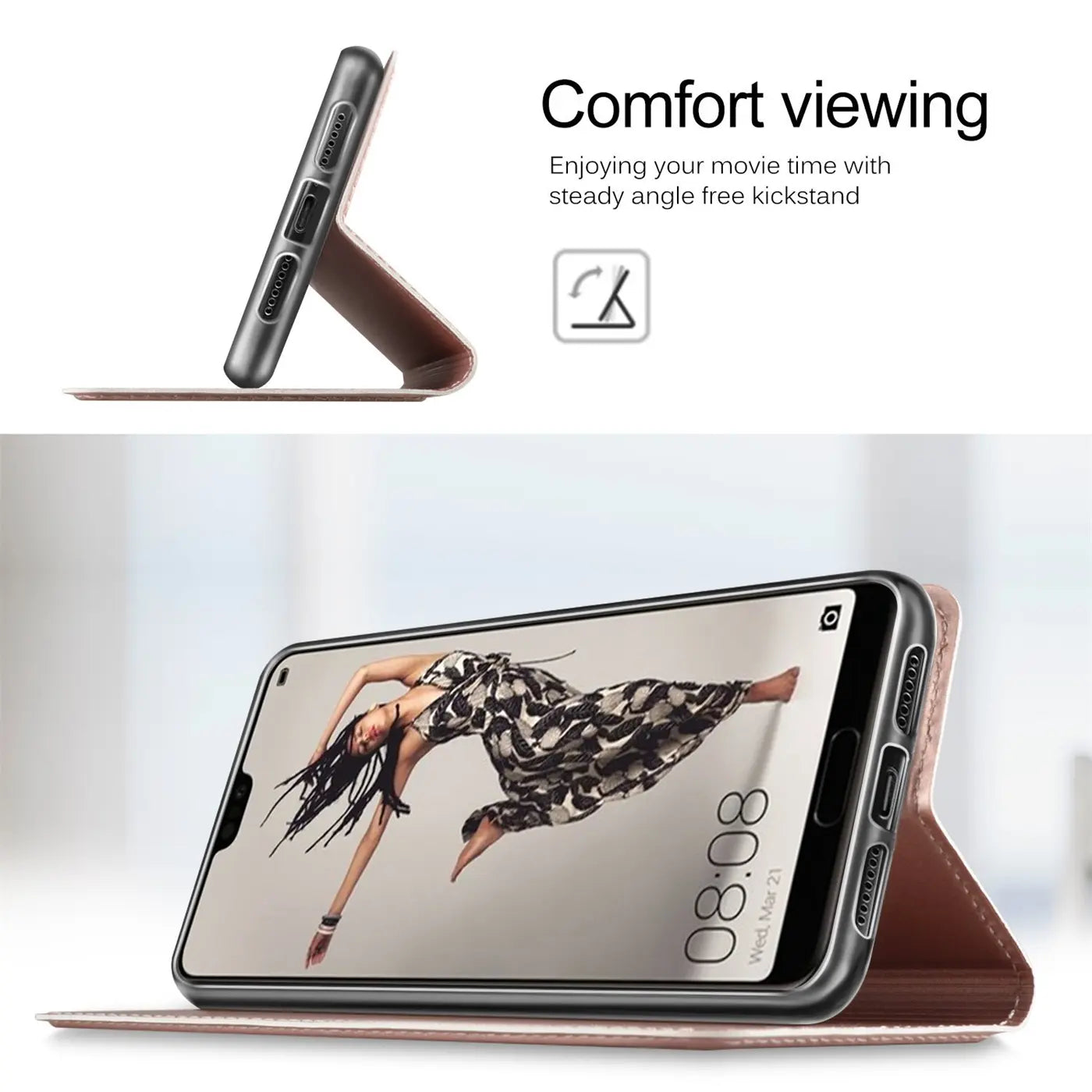 Braune Leder-Flip-Hülle mit Ständer für Huawei P20 Pro, seitliche Ansicht.