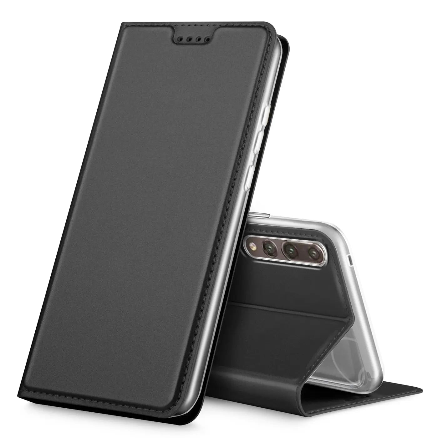 Schwarze Leder-Flip-Hülle für Huawei P20 Pro, aufgestellt, Rückseite sichtbar.
