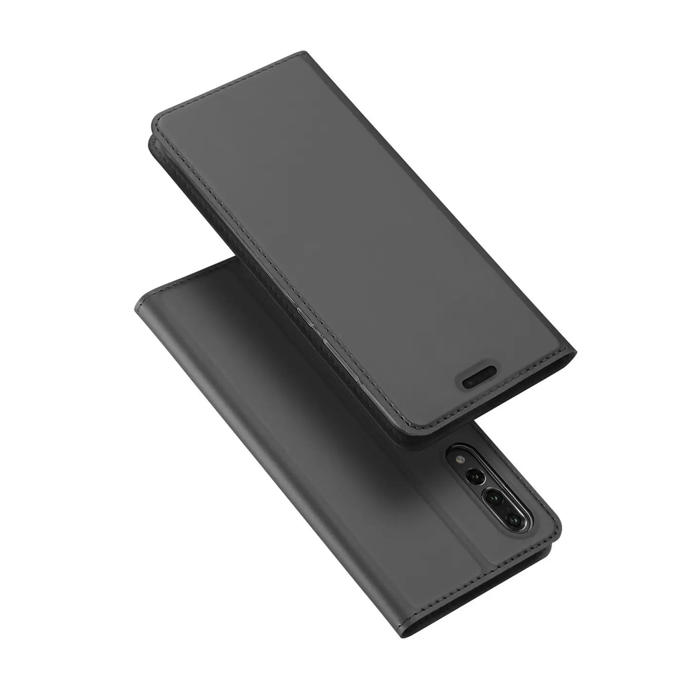 Graue Leder-Flip-Hülle für Huawei P20 Pro, von oben schräg fotografiert.
