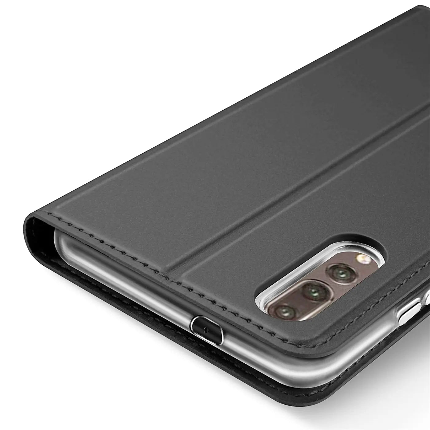 Graue Kunstleder-Flip-Hülle, Nahaufnahme, Huawei P20 Pro mit Kamera.